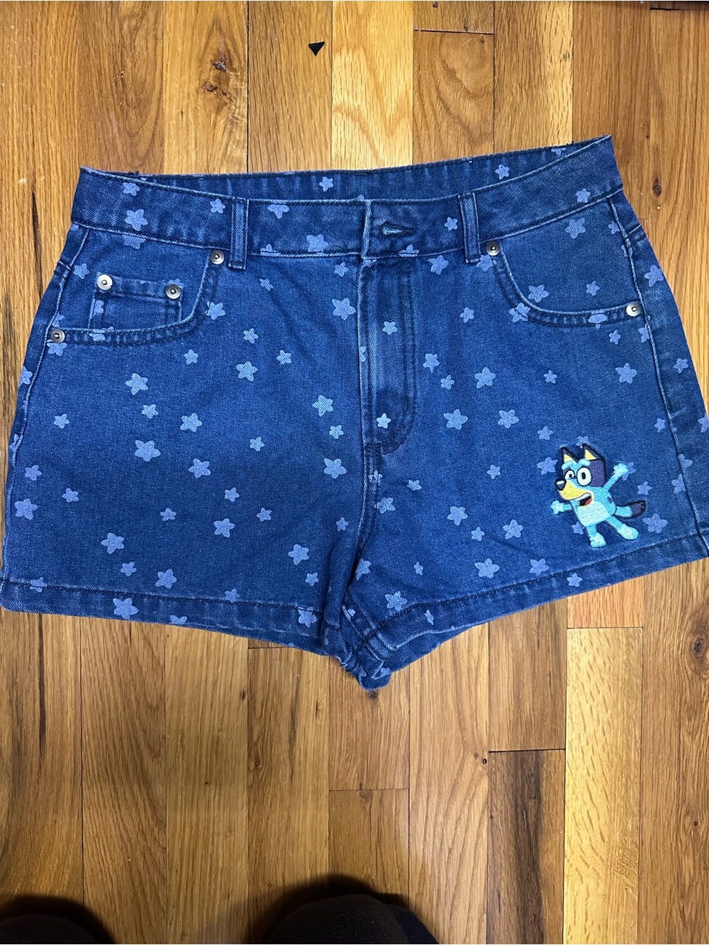 Girls' Dark Blue Denim Shorts with Light Blue Floral Print and Character Patch